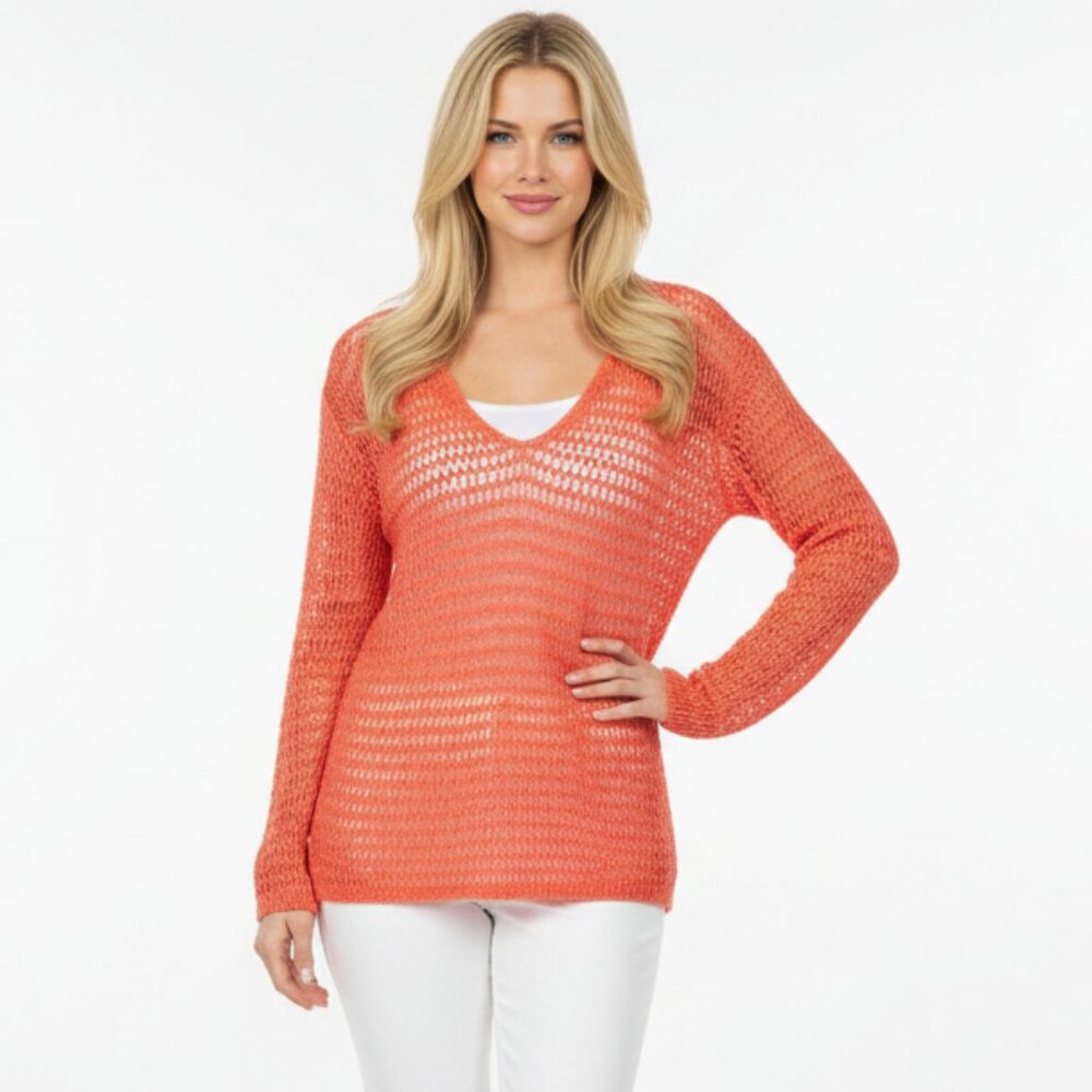 Chico’s Orange Sheer Crochet Long Sleeve Woven Sweater Top NEW 1 M
